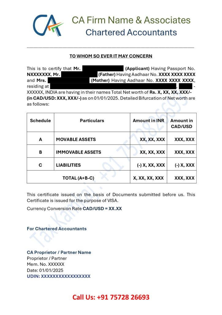 Sample Net Worth Certificate for VISA issued by Chartered Accountant