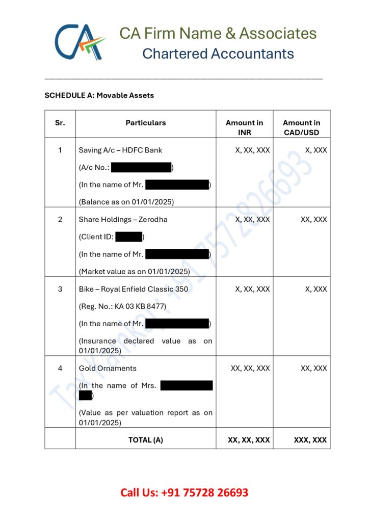 Schedule of movable assets in CA net worth statement