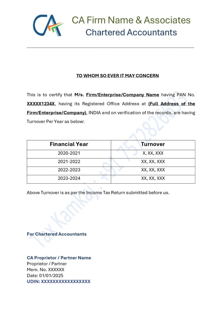 Sample Format of a CA Certified Turnover Certificate